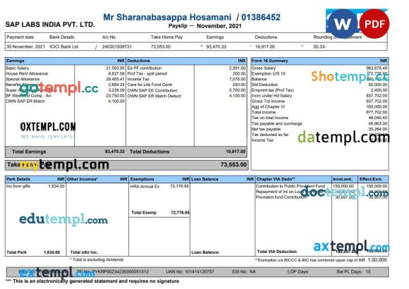 Sap Labs Payslip Word and PDF example