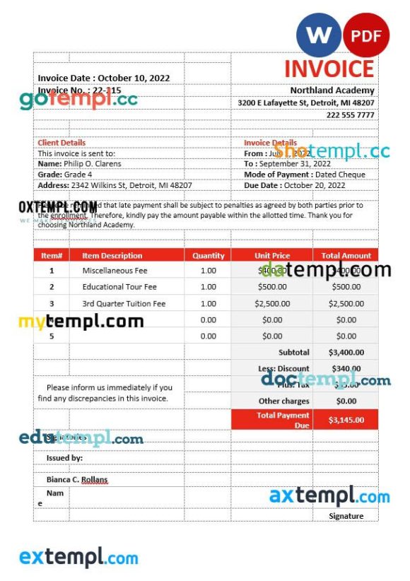 School Fees Invoice example in word and pdf format