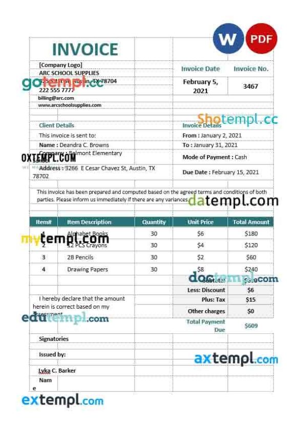 School Supply Order Invoice example in word and pdf format