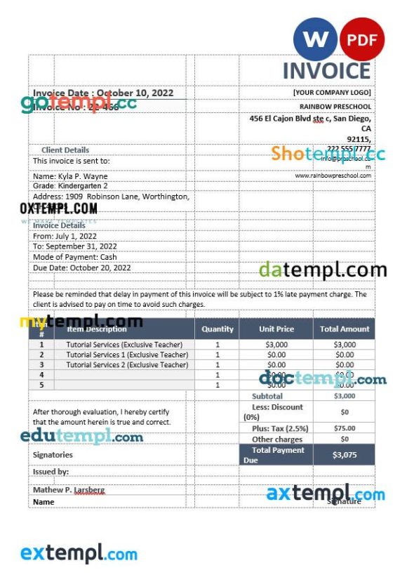 School Teacher Invoice example in word and pdf format