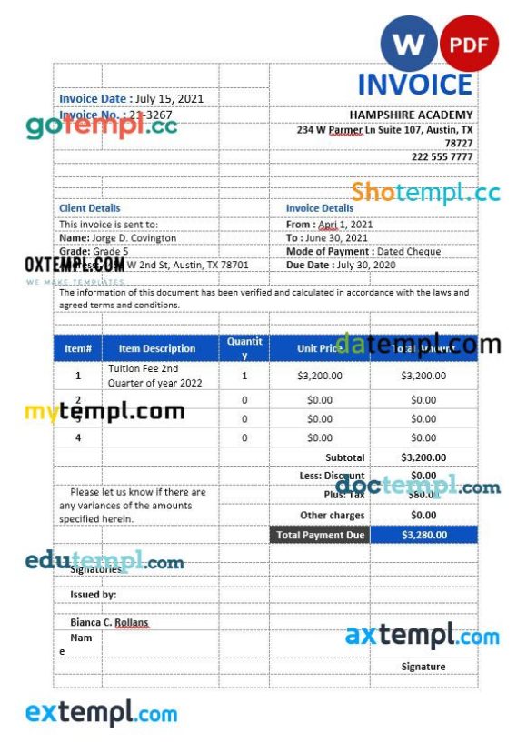 School Tuition Invoice example in word and pdf format