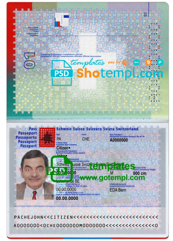 Swiss passport example in PSD format, fully editable, with all fonts