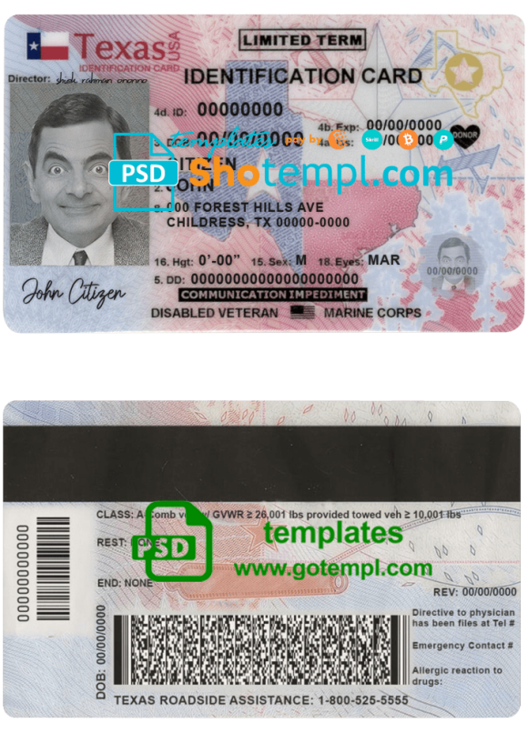 USA Texas state ID card example in PSD format, fully editable (2020 - present)