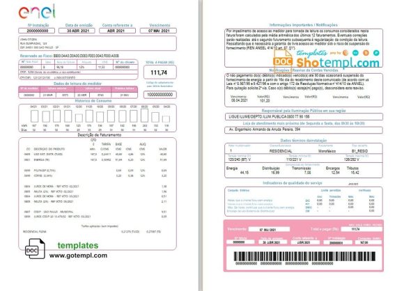 Brazilian ENEL electricity utility bill download example in Word and PDF format (2 pages)
