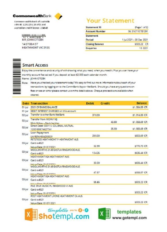Australian Commonwealth Bank statement example in Excel and PDF format, fully editable