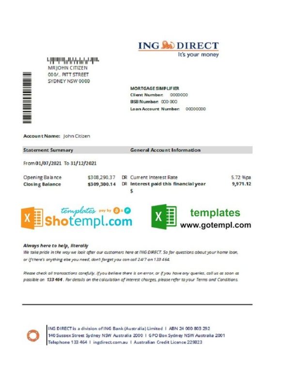 Australian ING Direct bank statement 3 - 6 months easy to fill example in Excel and PDF format