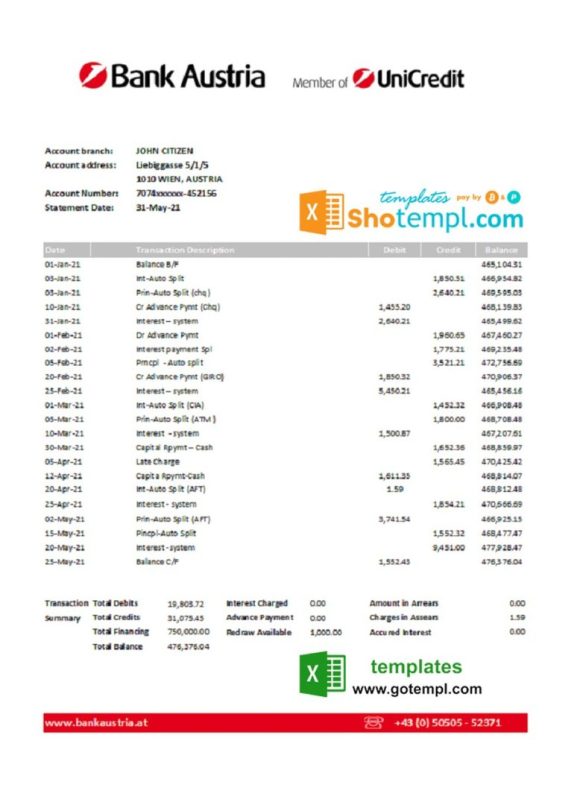 Austrian Bank Austrian bank statement 3 - 6 months easy to fill example in Excel and PDF format