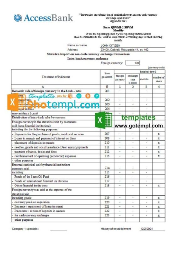 Azerbaijani Access Bank (English language) statement example in Excel and PDF format