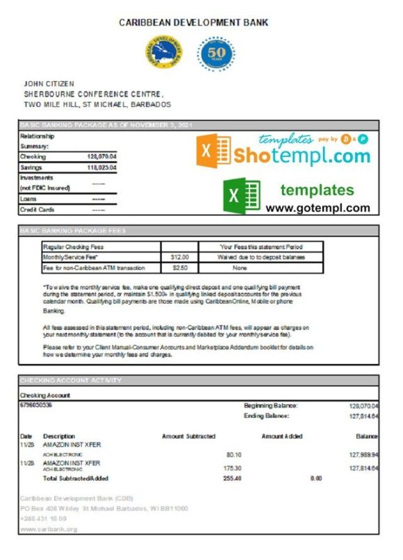 Barbadian Caribbean Development bank statement 3 - 6 months easy to fill example in .xls and .pdf file format