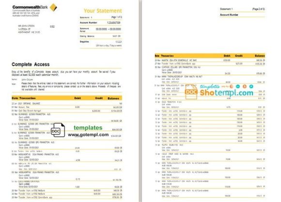 Australian Commonwealth bank statement 3 - 6 months example in Word and PDF format (3 pages), version 2