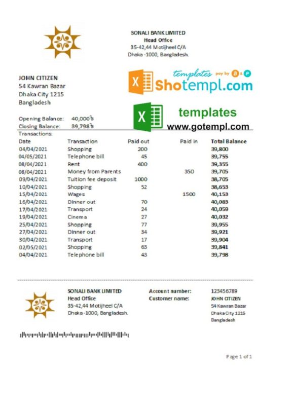 Bangladeshi Sonali bank statement 3 - 6 months easy to fill example in Excel and PDF format