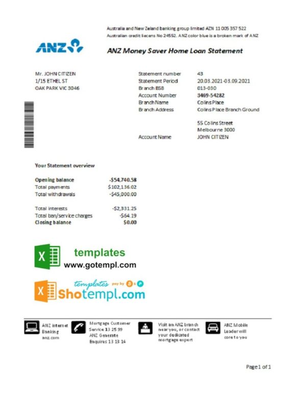 Australian ANZ proof of address bank statement 3 - 6 months example in Excel and PDF format