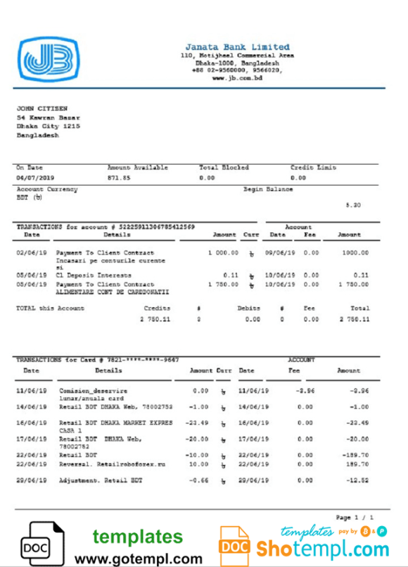 Bangladeshi Janata Bank statement easy to fill example in Word and PDF format