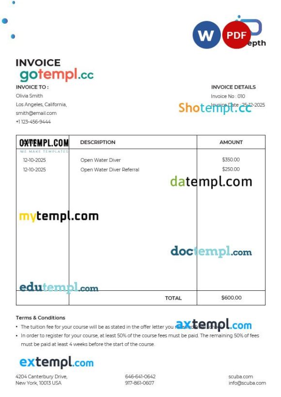 Scuba Diving School Invoice example in word and pdf format
