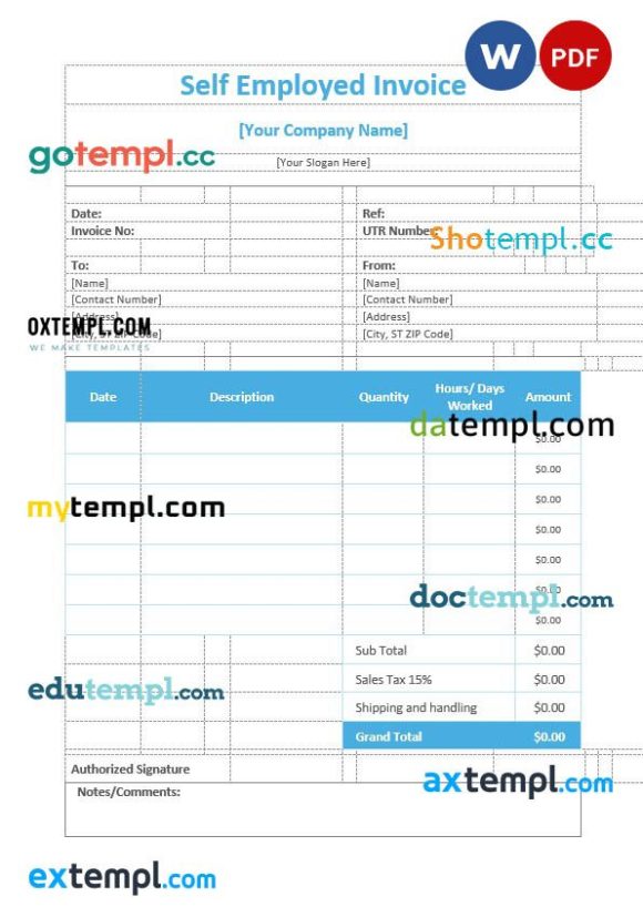 Self Employed Invoice example in word and pdf format