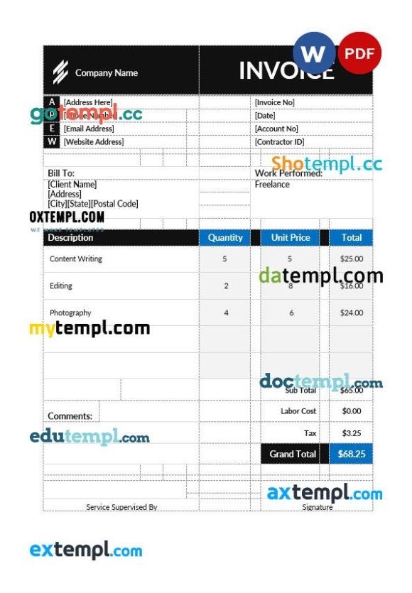 Self Employment Contractor Invoice example in word and pdf format