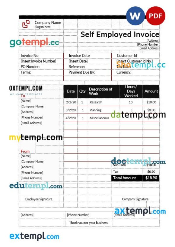 Self Employment Hourly Invoice example in word and pdf format