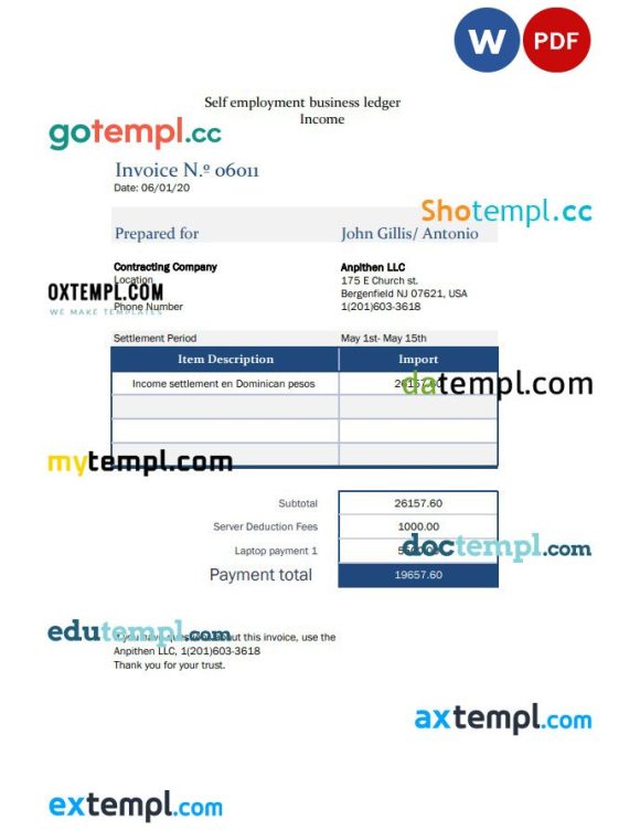 Self employment pay stub Word and PDF example