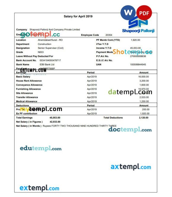 Shapoorji Pallonji employee pay stub example in PDF and Word formats