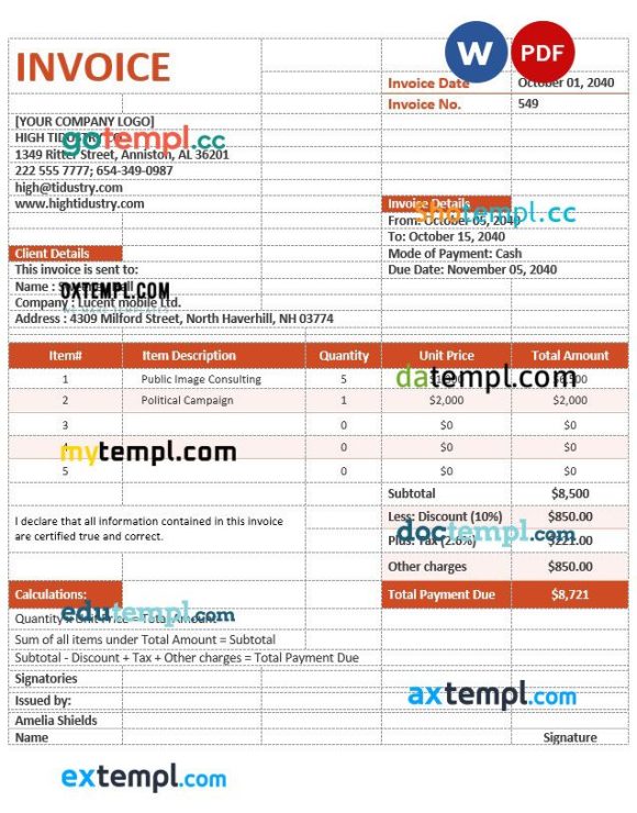 Simple Advertising Agency Invoice example in word and pdf format