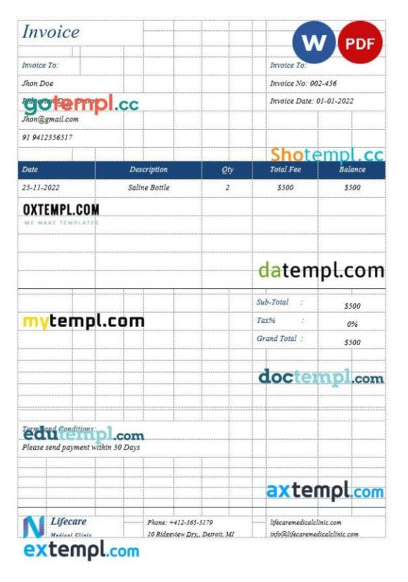 Simple Clinic Invoice example in word and pdf format