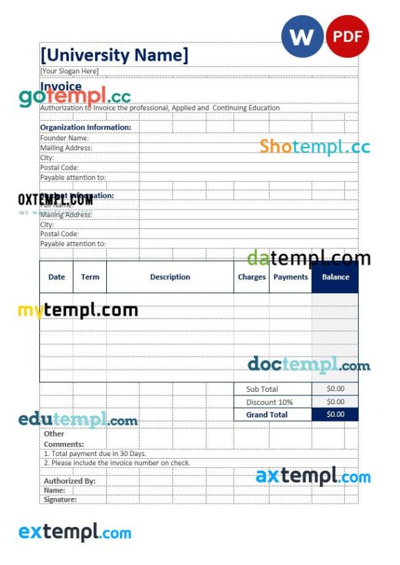 Simple Education Invoice example in word and pdf format