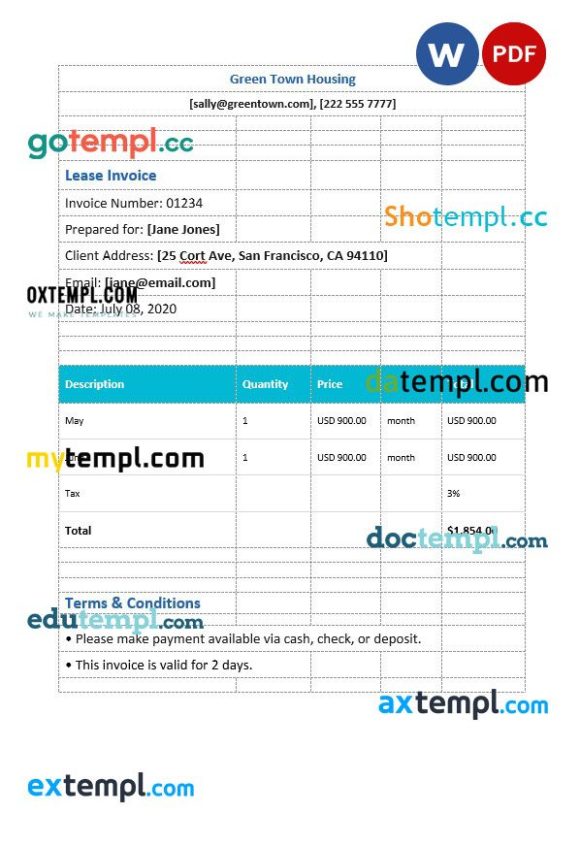 Simple Lease Invoice example in word and pdf format