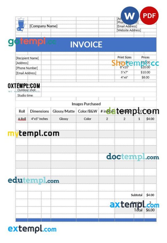 Simple Photography Invoice example in word and pdf format