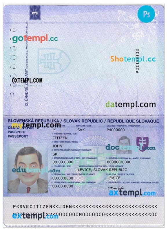 Slovak passport example in PSD format, 2012