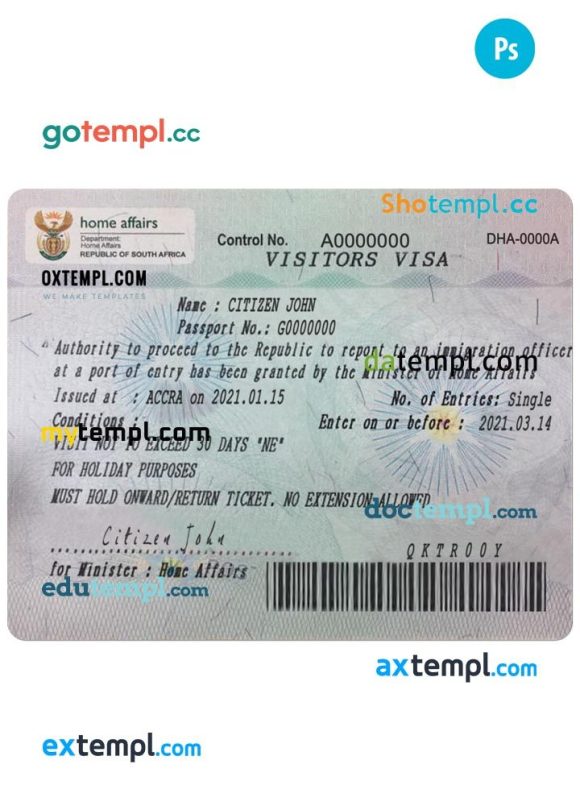 South African tourist visa PSD example, with fonts