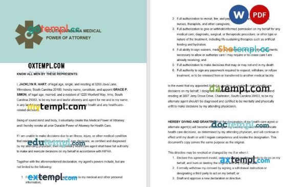 South Carolina Medical Power of Attorney example, fully editable