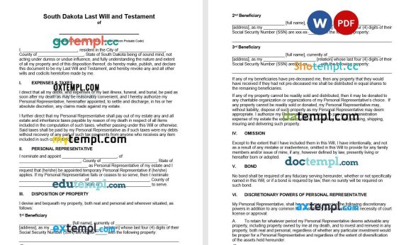 South Dakota Last Will and Testament example, fully editable