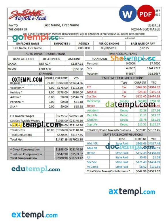 South Dakota payroll e-stub Word and PDF example