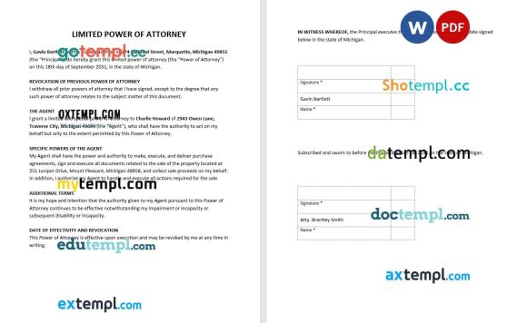 Special or Limited Power of Attorney Form example, fully editable