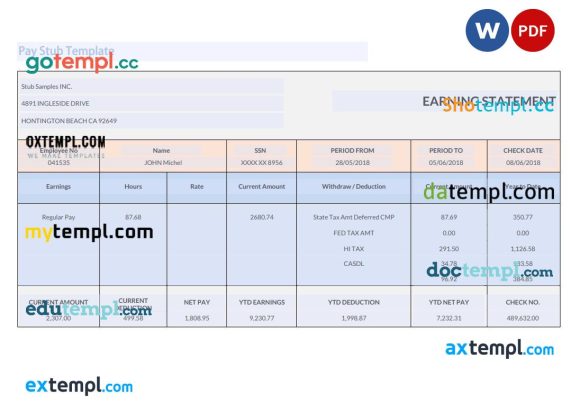 Stub Samples INC earnings statement Word and PDF example