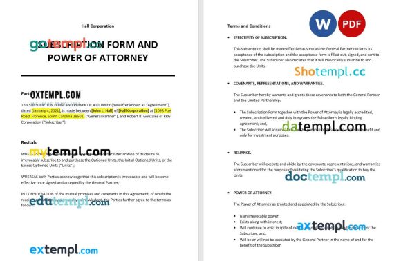 Subscription Form and Power of Attorney example, fully editable