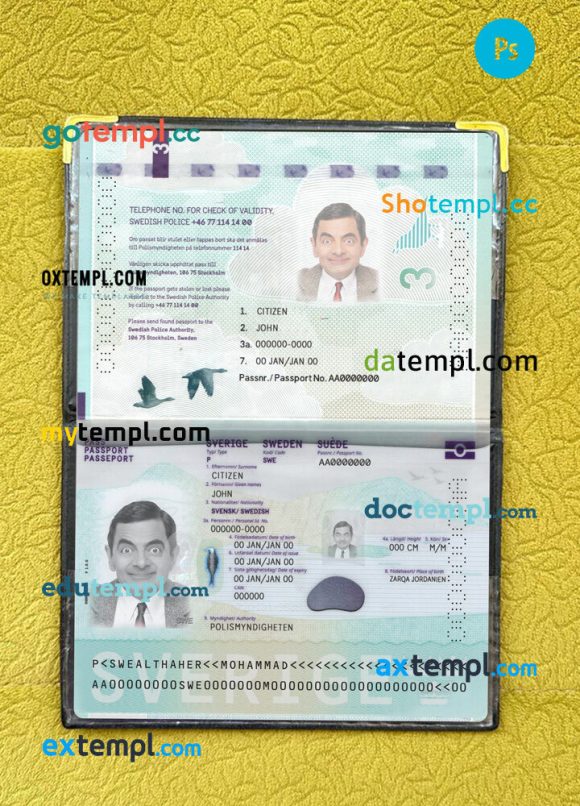Sweden passport psd files, editable scan and snapshot sample, 2 in 1, 2022 - present
