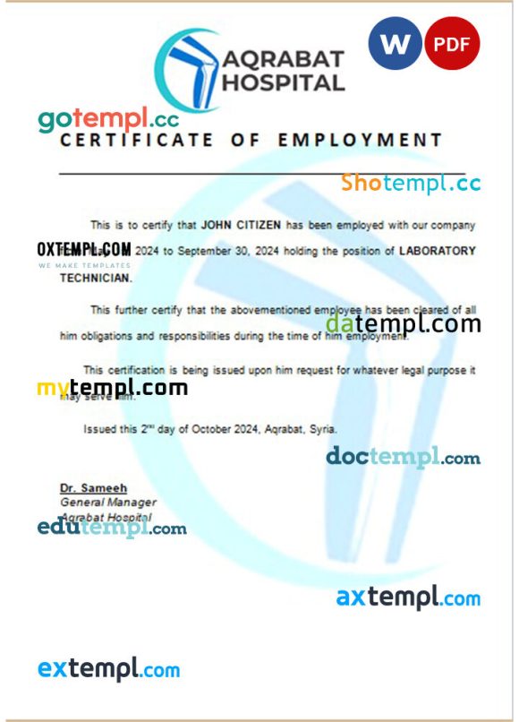 Syria Aqrabat Hospital certificate of employment Word and PDF download template