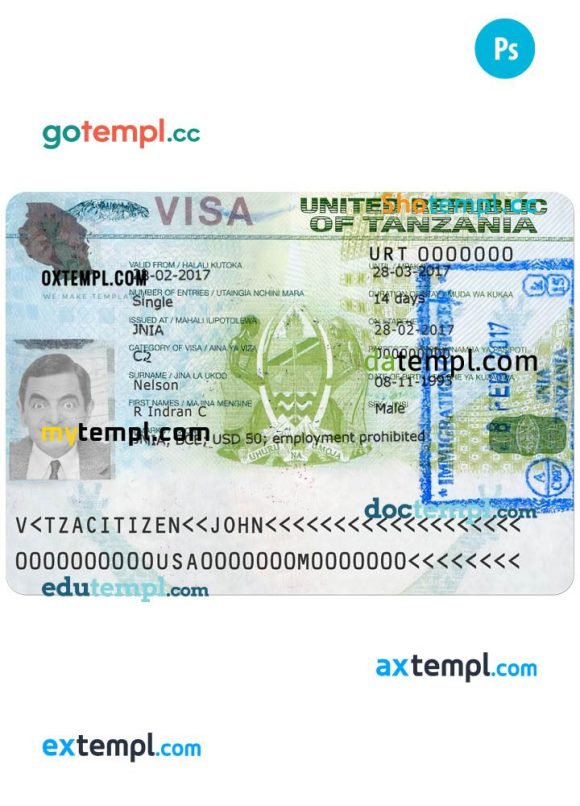 Tanzania travel visa PSD example, version 2