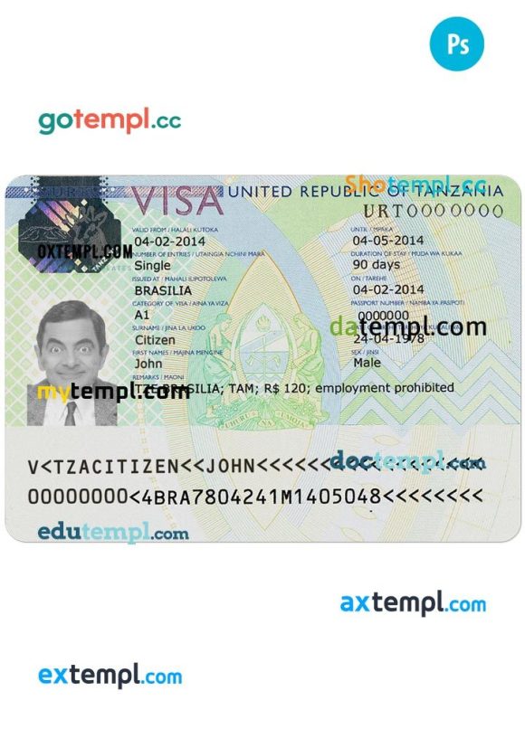 Tanzania travel visa PSD example, fully editable