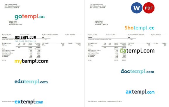 TCG Construction Inc. Employee Paystub Word and PDF example, 7 pages