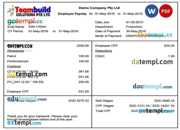 TEAMBUILD solutions Ptr Ltd payslip pay stub example in Word and PDF formats