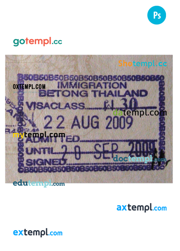 Thailand immigration visa stamp PSD example, with fonts