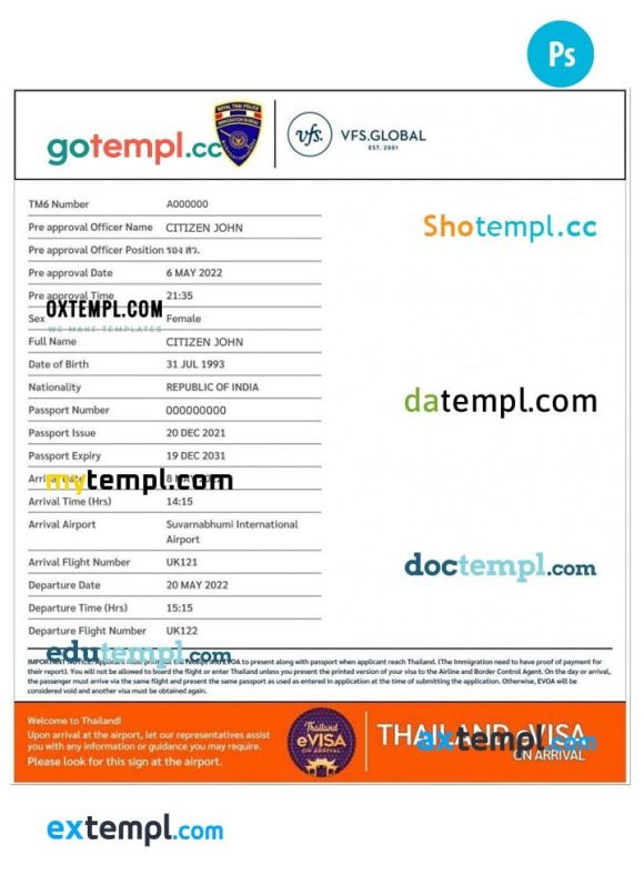 Thailand electronic travel visa PSD example, with fonts