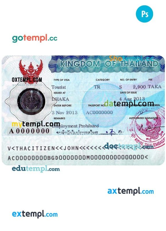 Thailand entry tourist visa PSD example, completely editable, with fonts