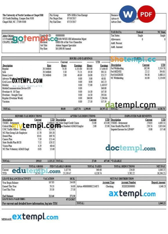 THE UNIVERSITY of North Carolina at Chapel Hill paystub example in Word and PDF formats