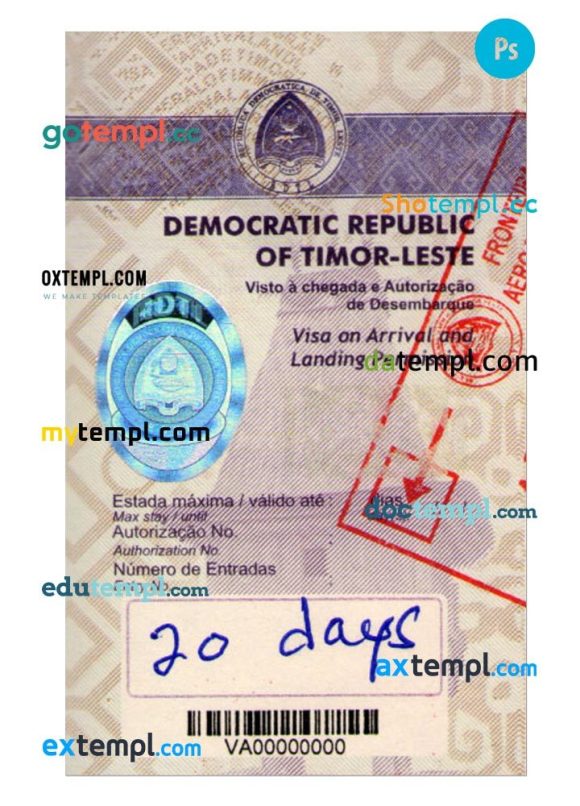 Timor-Leste travel visa PSD example, fully editable