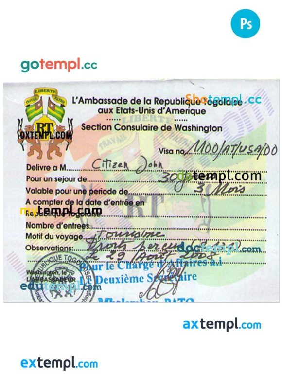 Togolaise entry tourist visa PSD example, completely editable, with fonts