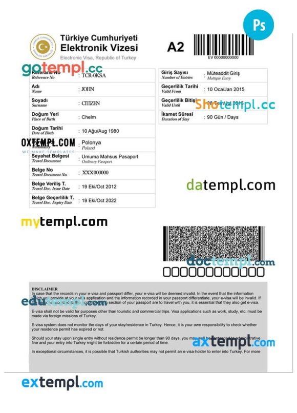 Turkish electronic travel visa PSD example, with fonts