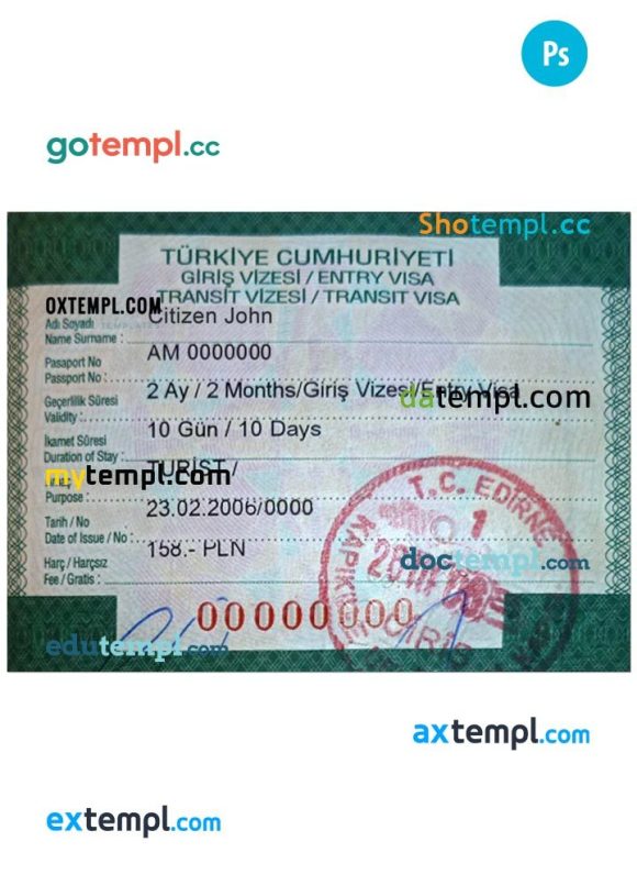 Turkish entry visa PSD example, fully editable